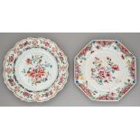Two Chinese famille rose plates, c1770, enamelled with peony and other flowers, octagonal plate 21.5