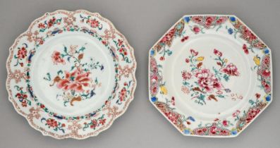 Two Chinese famille rose plates, c1770, enamelled with peony and other flowers, octagonal plate 21.5