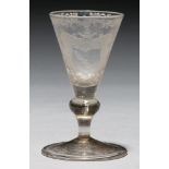 A German wine glass, 18th c, the conical bowl engraved with shield of arms beneath strapwork