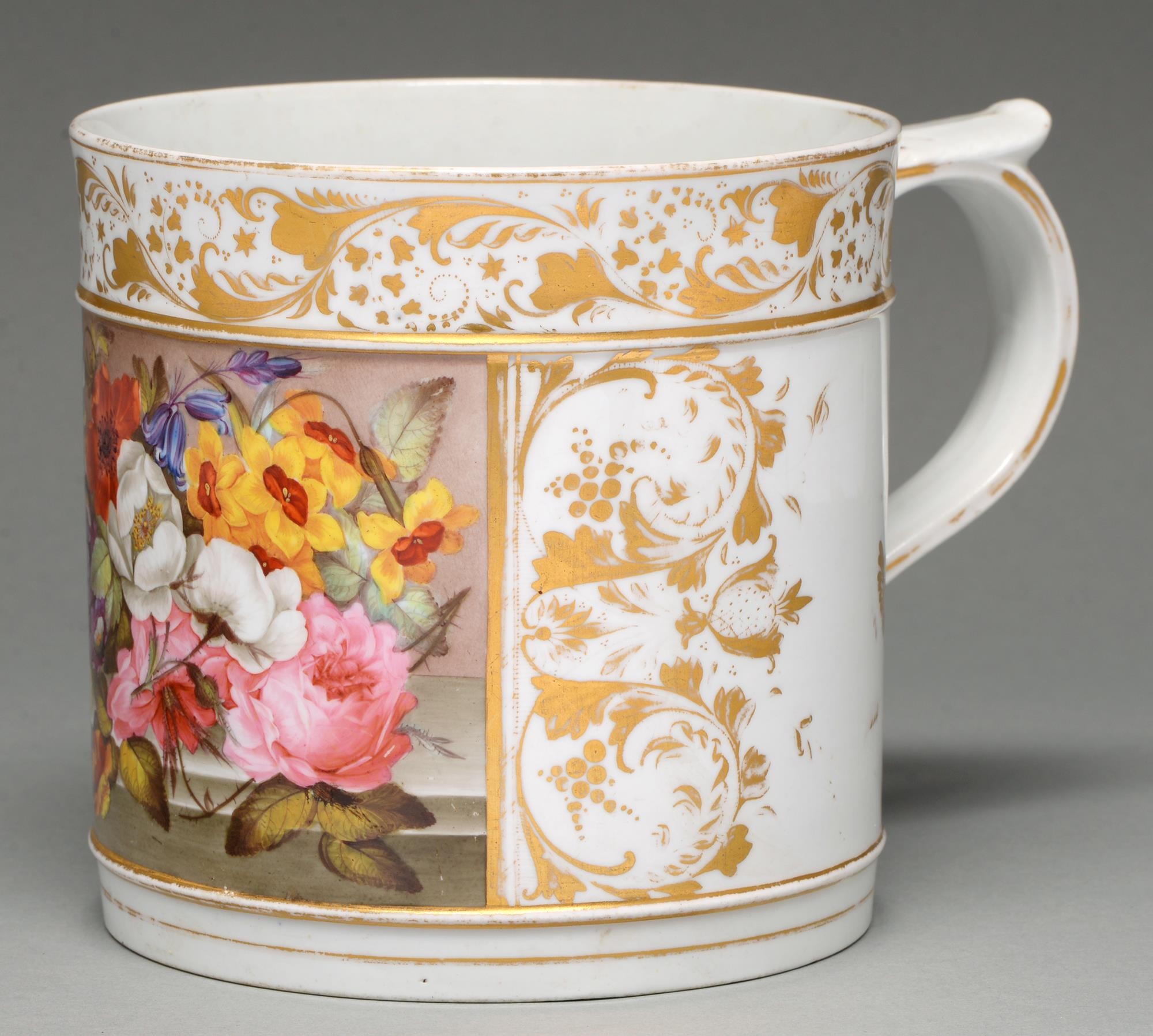 A Derby porter mug, c1820, painted with a group of luxuriant flowers on a marble ledge, and gilt, - Image 2 of 3