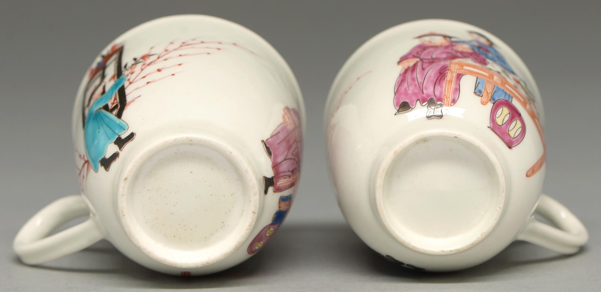 Two Worcester coffee cups, c1765, with underglaze blue border and painted with three Chinese - Image 2 of 2
