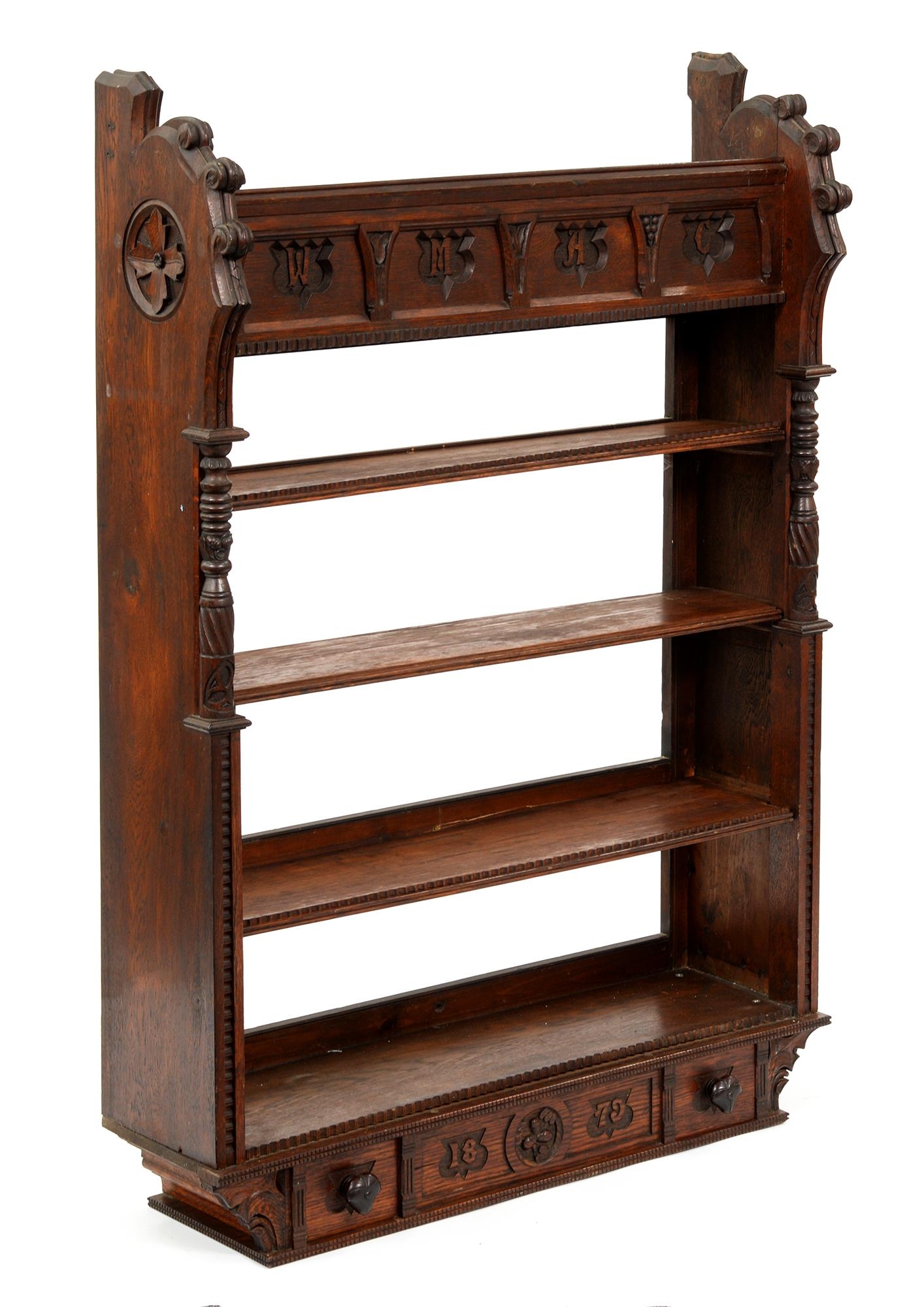 A Victorian reformed gothic oak hanging bookcase, the frieze carved with initials W M A C, the - Image 2 of 2