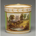 A Derby porter mug, c1820, painted, possibly by Daniel Lucas, with a rectangular landscape panel