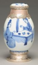 A Chinese blue and white vase, 18th c, painted with two ladies playing go, later silver mounts and