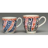 Two Worcester coffee cups, c1760 and c1770-1790, painted in underglaze blue and enamelled and gilt