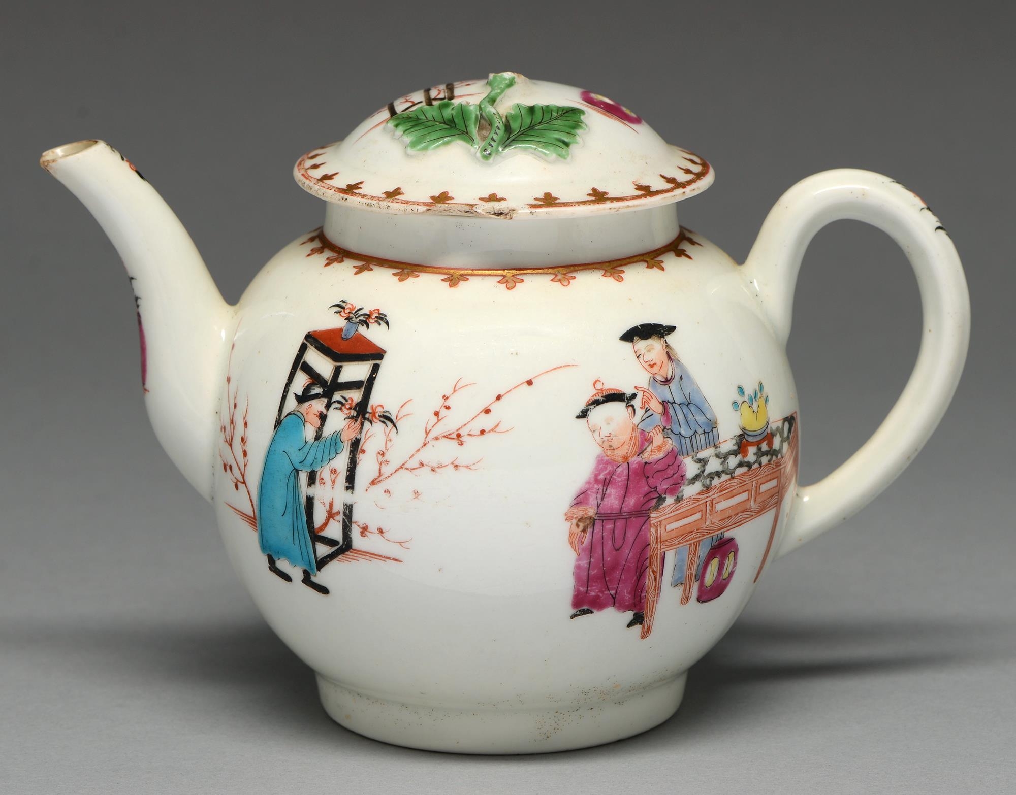 A Worcester teapot and cover, c1770, painted to both sides in overglaze enamels with Chinese figures