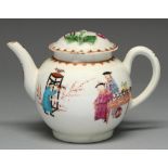 A Worcester teapot and cover, c1770, painted to both sides in overglaze enamels with Chinese figures