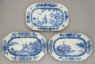 Three Chinese blue and white dishes, 18th c, painted with a lady and boy with a fan, or river