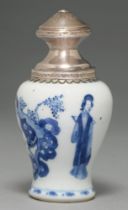 A Chinese blue and white vase, 18th c, painted with two ladies and a jumping boy, rocks and foliage,