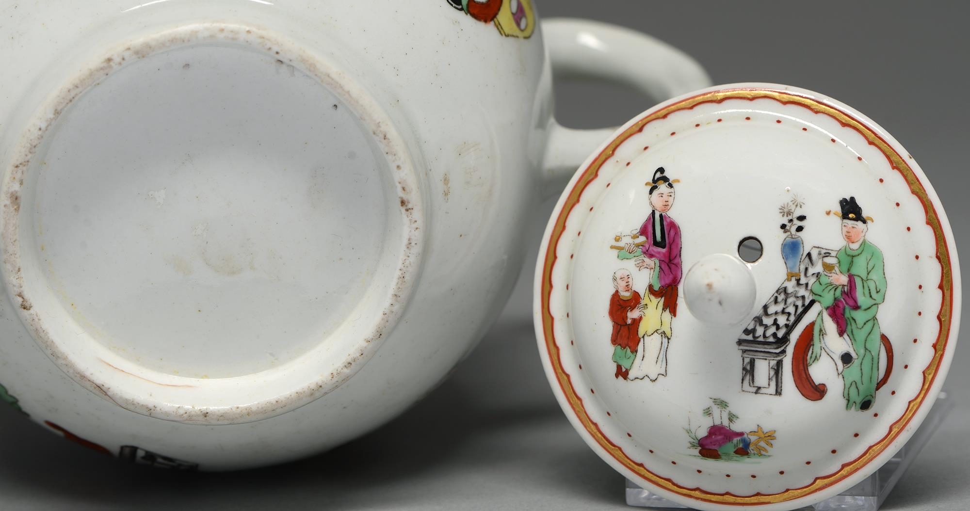 A Worcester teapot and cover, c1770, transfer printed and painted in overglaze enamels with - Image 2 of 2