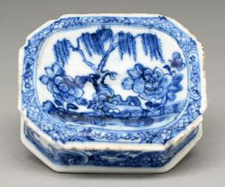 A Chinese blue and white salt cellar, late 18th c, painted with peonies, tree and fence in