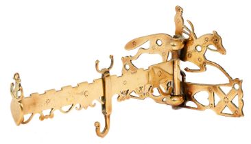 An English brass chimney crane or jack rack, first half 19th c, the mounting plate in the form of