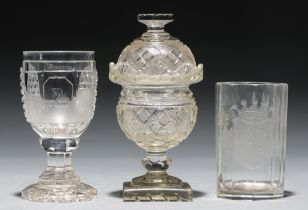 A cut glass sweetmeat jar and cover, c1900, 17.5cm h, an octagonal glass beaker, Low Countries, 19th