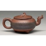 A Chinese Yixing stoneware teapot and cover, 19th - 20th c, with zoomorphic spout and chilong