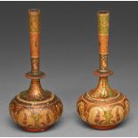 A pair of lacquered wood flasks, Kashmir, late 19th c, decorated in polychrome with botehs and