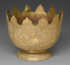 An Indian brass bowl or Monteith, 19th c, crisply chased with formal stylised floral designs, 22cm h