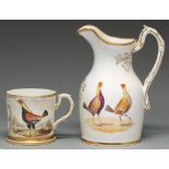 Cock fighting. A Staffordshire bone china mug and jug, c1840, painted with fighting cocks and