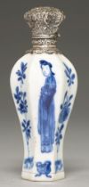 A Chinese blue and white miniature hexagonal vase, 18th c, alternately painted with a woman and