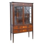 A Victorian mahogany, sabicu and satinwood china cabinet, c1900, the frieze decorated with inlaid