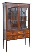 A Victorian mahogany, sabicu and satinwood china cabinet, c1900, the frieze decorated with inlaid