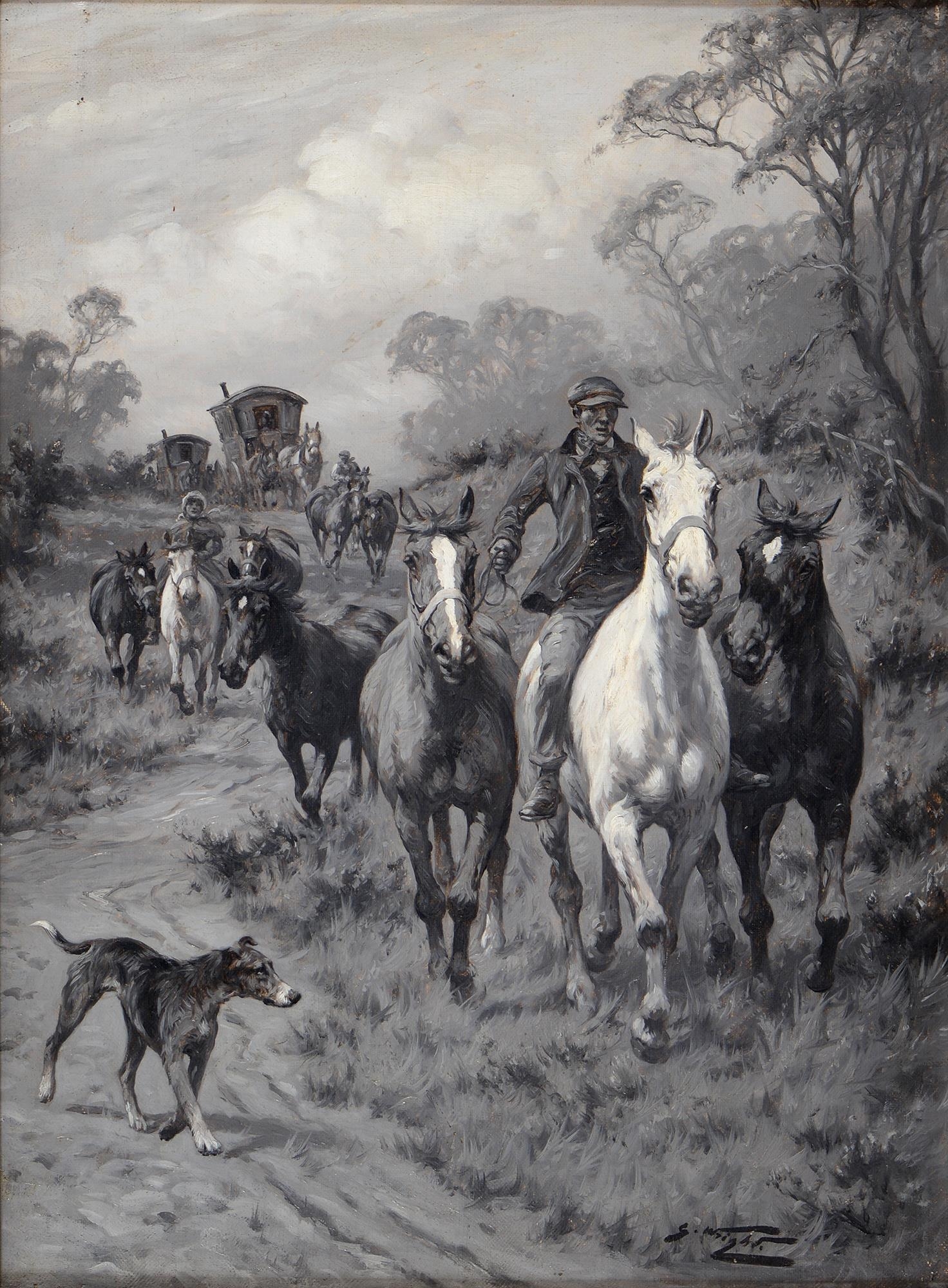 George Wright (1860-1944) - Romanies and Horses, signed, oil on canvas, en grisaille, 39.5 x 28.