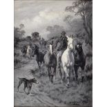 George Wright (1860-1944) - Romanies and Horses, signed, oil on canvas, en grisaille, 39.5 x 28.