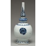 A Chinese blue and white rosewater sprinkler, 18th c or later, painted in a dark, inky blue with