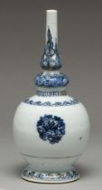 A Chinese blue and white rosewater sprinkler, 18th c or later, painted in a dark, inky blue with