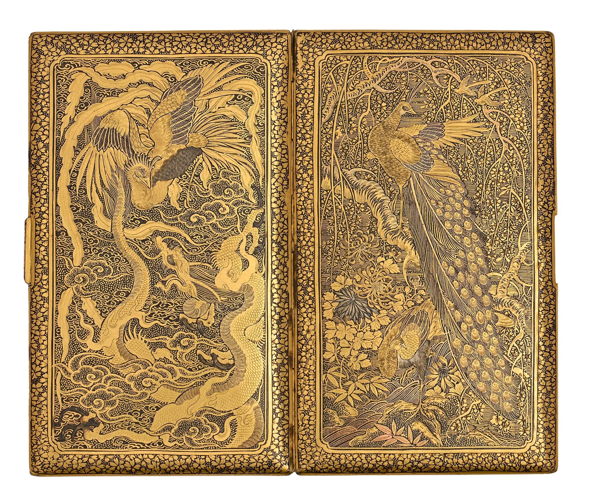 A Japanese inlaid metal cigarette case, Tokyo, 20th c, decorated to both sides in gold with peafowl