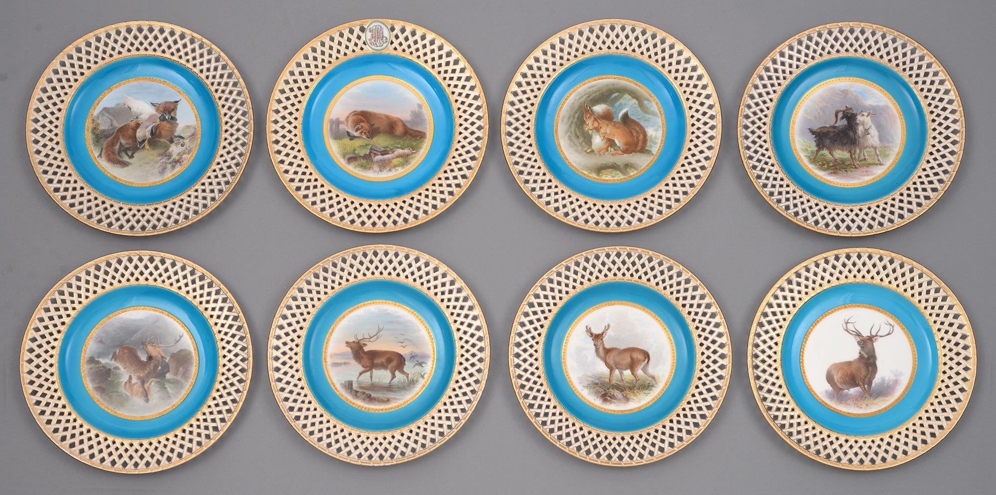 Eight Minton dessert plates painted with Landseer subjects, 1871, 1877 and circa, each with a