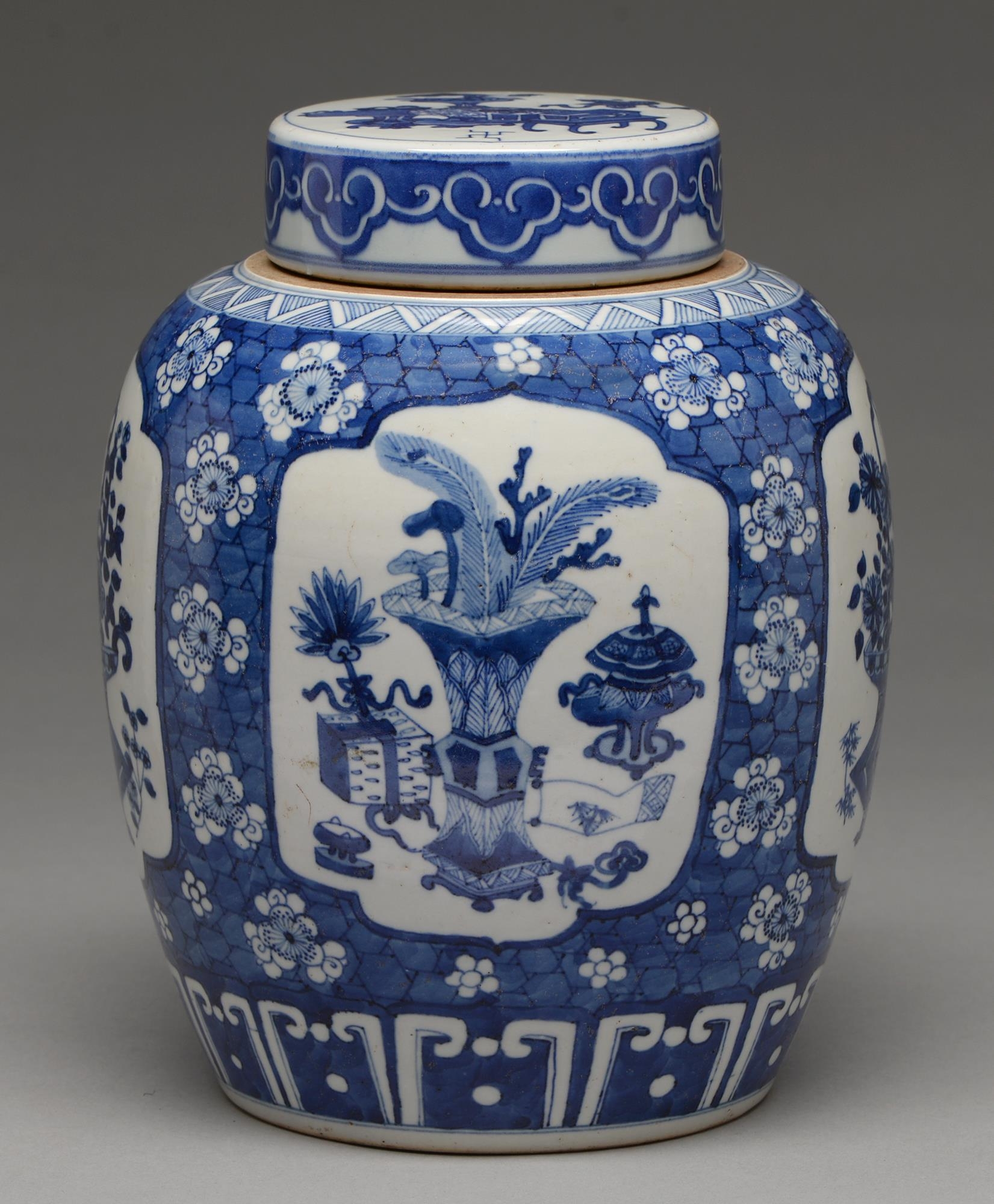 A Chinese blue and white jar and cover, late 19th c, painted with a basket of flowers or precious - Image 2 of 3