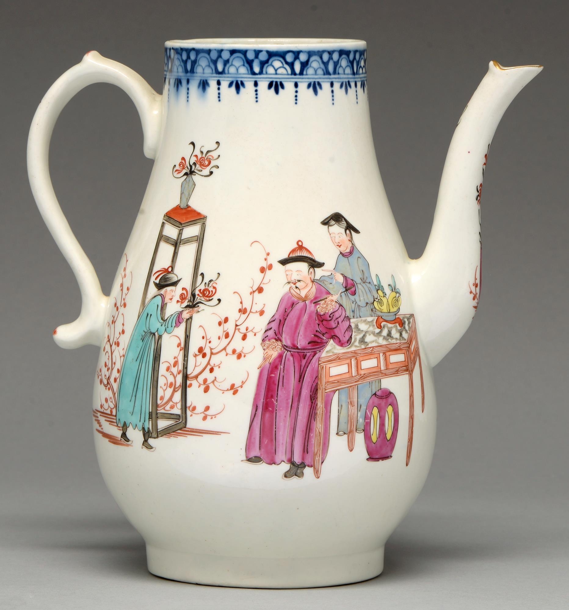 A Worcester coffee pot, c1765, with underglaze blue border and painted to both sides with three