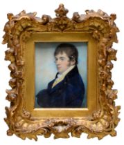 English School, early 19th c - Portrait Miniature of a Gentleman, bust length in navy coat, white