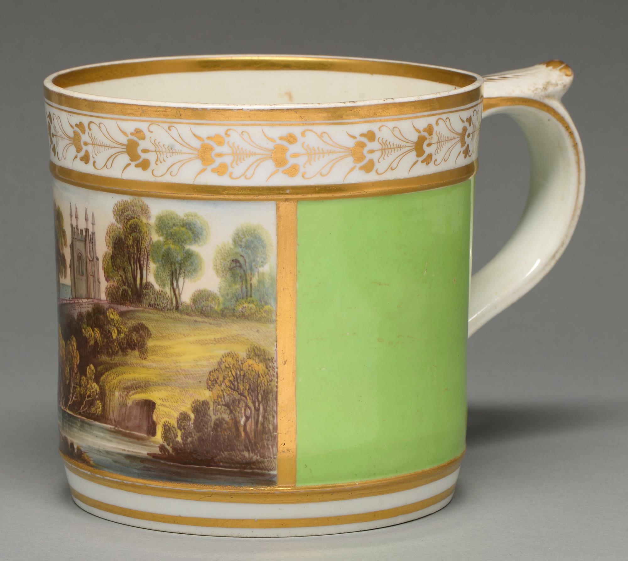 A Derby porter mug, c1820, painted, possibly by Daniel Lucas, with a rectangular landscape panel - Image 2 of 3