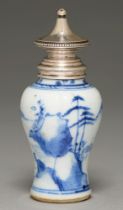 A Chinese blue and white miniature baluster vase, 18th c, painted with a landscape, later silver