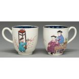Two Worcester coffee cups, c1765, with underglaze blue border and painted with three Chinese