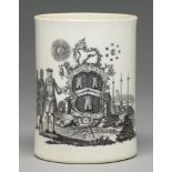 A Worcester cylindrical mug, c1760-1762, the black transfer print engraved by Robert Hancock of
