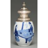 A Chinese blue and white tea caddy, 18th c, painted with two ladies playing go, later silver mount