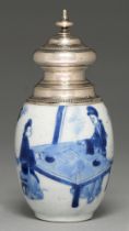 A Chinese blue and white tea caddy, 18th c, painted with two ladies playing go, later silver mount