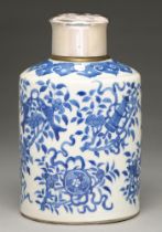 A Chinese blue and white tea canister, probably 19th c, painted with lotus and emblems of the