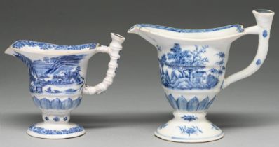 Two Chinese blue and white jugs, late 18th c, painted with landscapes, one with bamboo shaped