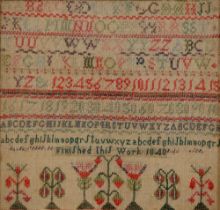 A Victorian linen sampler, over mounted with contemporary embroidered strip inscribed Finished