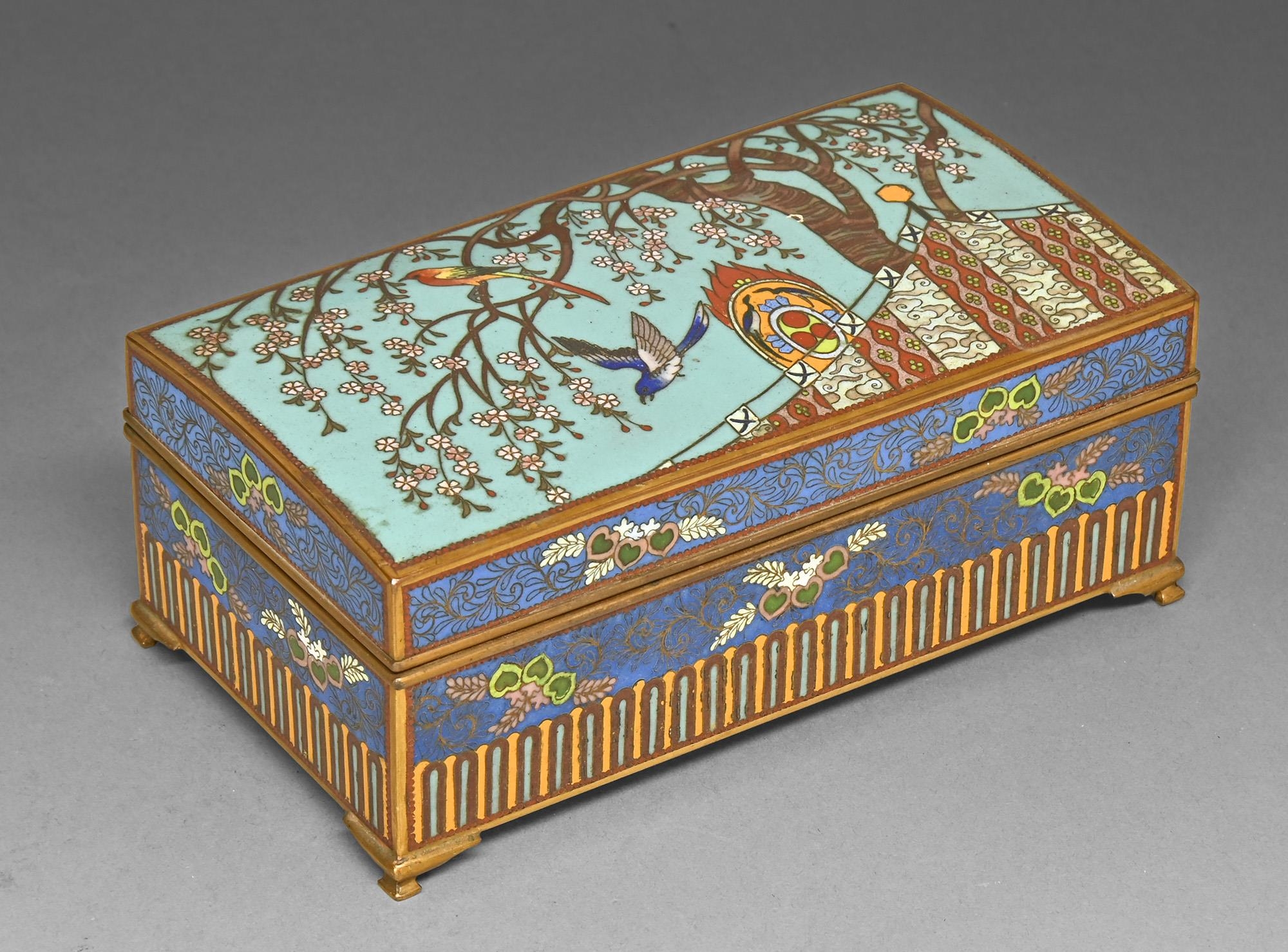 A Japanese cloisonne enamel box, early 20th c, the slightly domed lid enamelled with two birds in