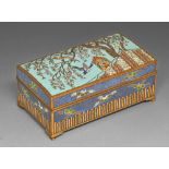 A Japanese cloisonne enamel box, early 20th c, the slightly domed lid enamelled with two birds in