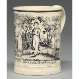 An English creamware mug, c1780, transfer printed in black with a sailor and girl, inscribed Jack on