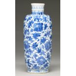 A Chinese blue and white vase, 19th c, of shouldered cylindrical form and painted with lotus