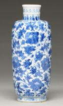 A Chinese blue and white vase, 19th c, of shouldered cylindrical form and painted with lotus