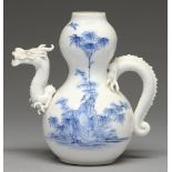 An Hirado double gourd ewer, 20th c, with dragon spout and handle, painted in underglaze blue with a