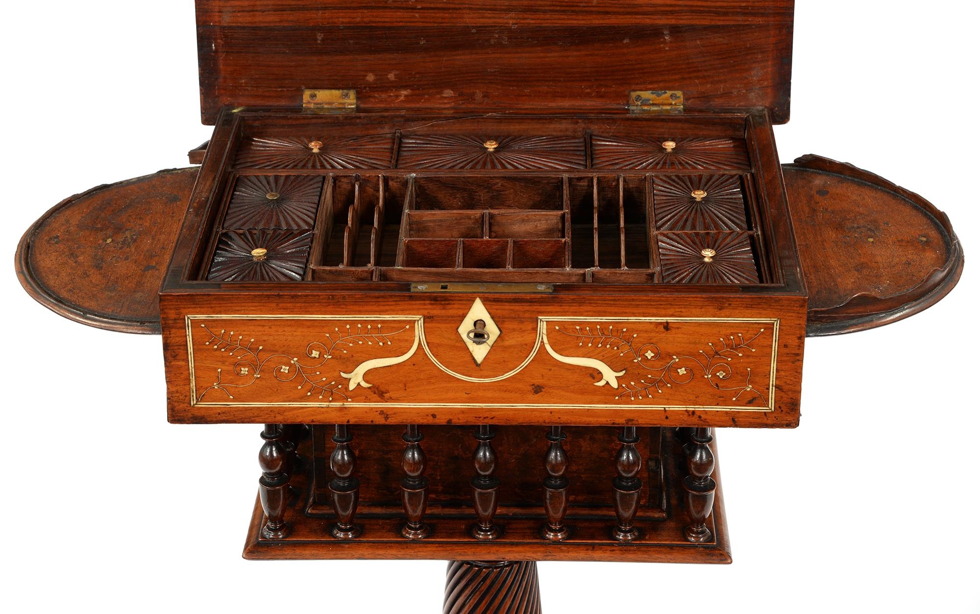 A Continental bone-inlaid walnut, fruitwood and purple wood work table, 19th c, the fitted - Image 2 of 2