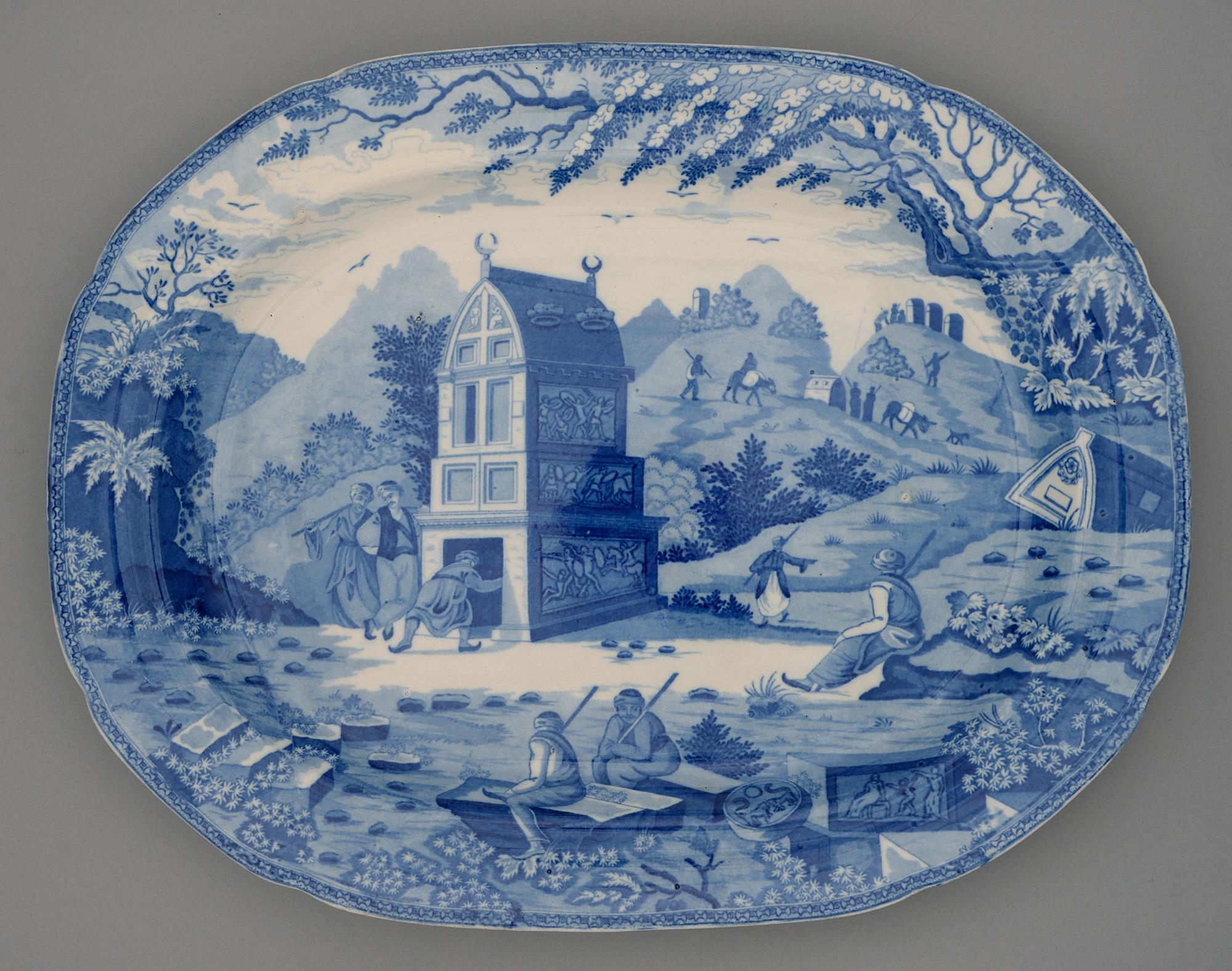 A Spode blue printed earthenware Caramanian Series Colossal Sarcophagus near Castle Rosso pattern